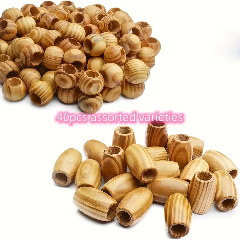 40pcs Random Mix Natural Pine Wood Beads, Round Large Hole Wooden Spacer Beads And 30 X 20 Mm Tube Beads, For Bracelet Pendant Craft Jewelry Making, Hole Diameter 10mm (beads) Bead Assortments