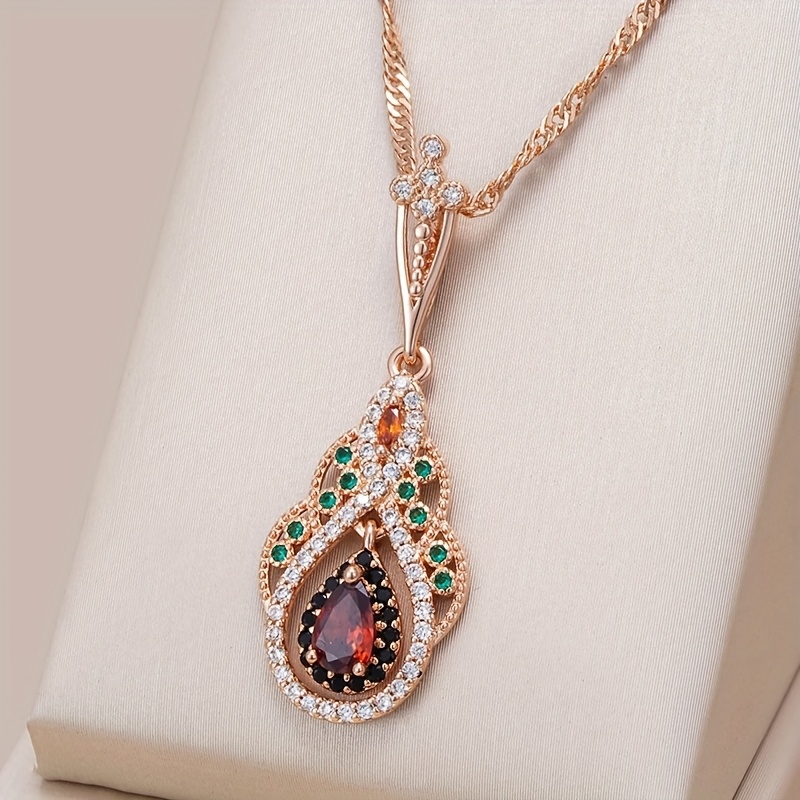 A Bohemian Style Ethnic Floral Pendant Necklace | 1pc | Golden | Teardrop Cut Synthetic Zirconia | Women's | Vintage Necklace