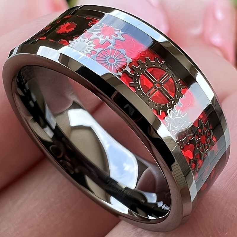 

1pc Fashion Men's 8mm Stainless Steel , Fashion Single Piece Inlaid With Red Mechanical Punk Gear Style