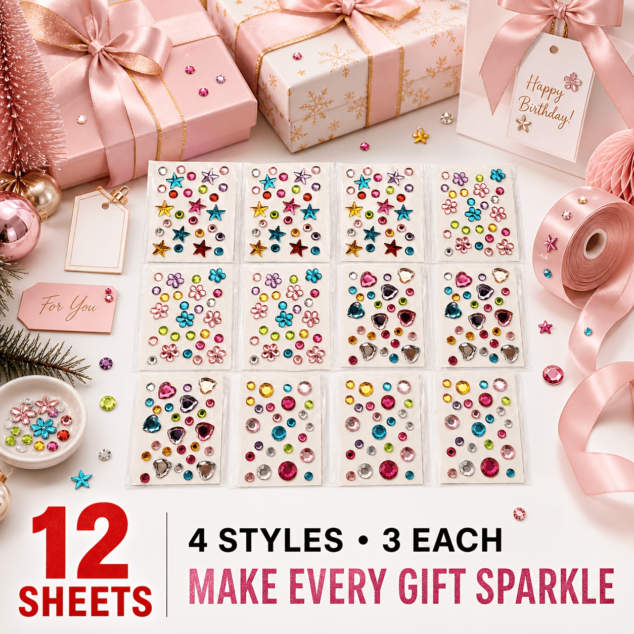 TEMU 12 feuilles d'autocollants de strass de Noël, 4 styles festifs auto-adhésifs d', de fleurs, de cœurs et de rondes pour de cadeaux , , le