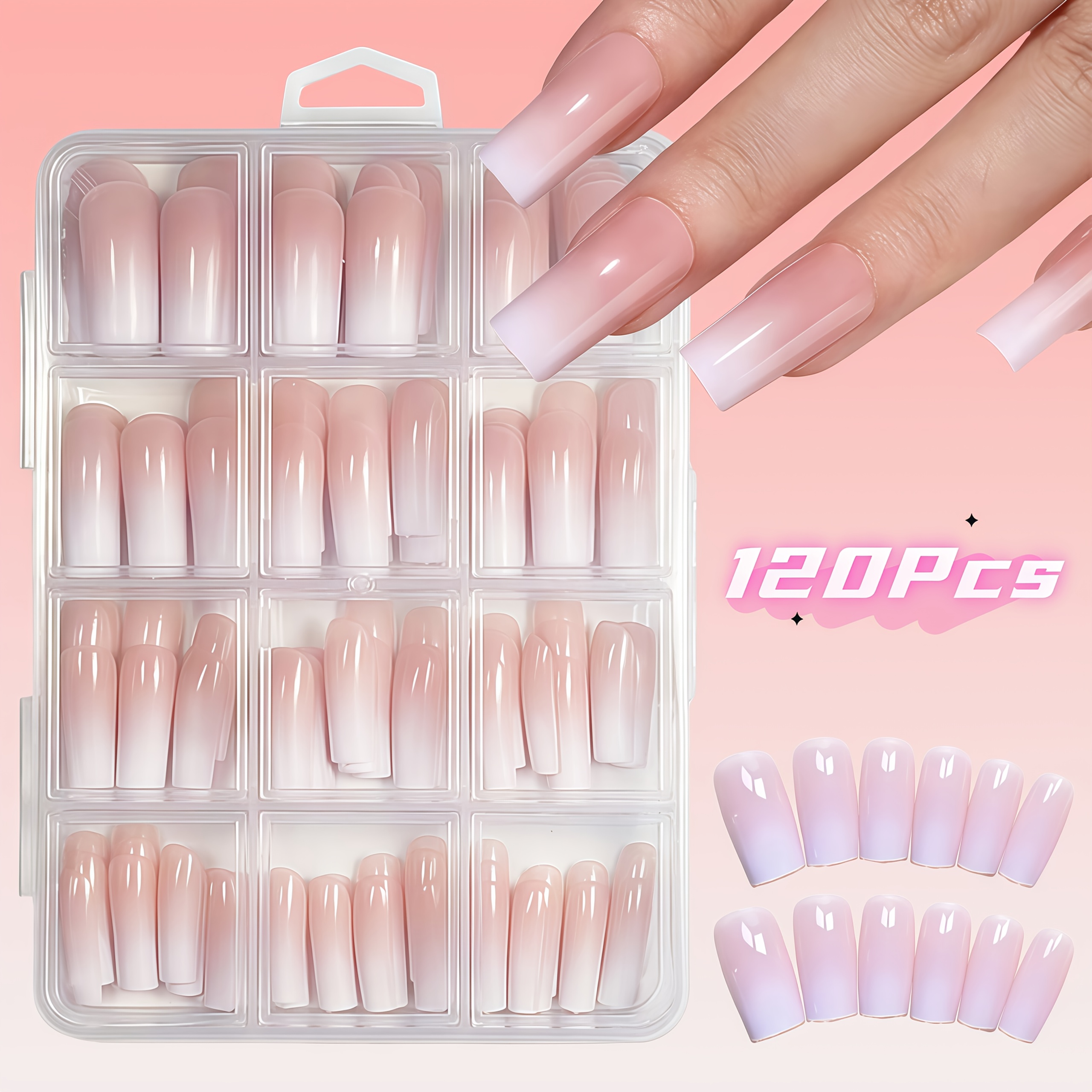 E-shop 120 Stück Rosa-Weiß Verlauf Minimalistische Press-On Nägel, Lange Quadratische Verlauf Kunstnägel, 12 Größenoptionen, Salonqualität