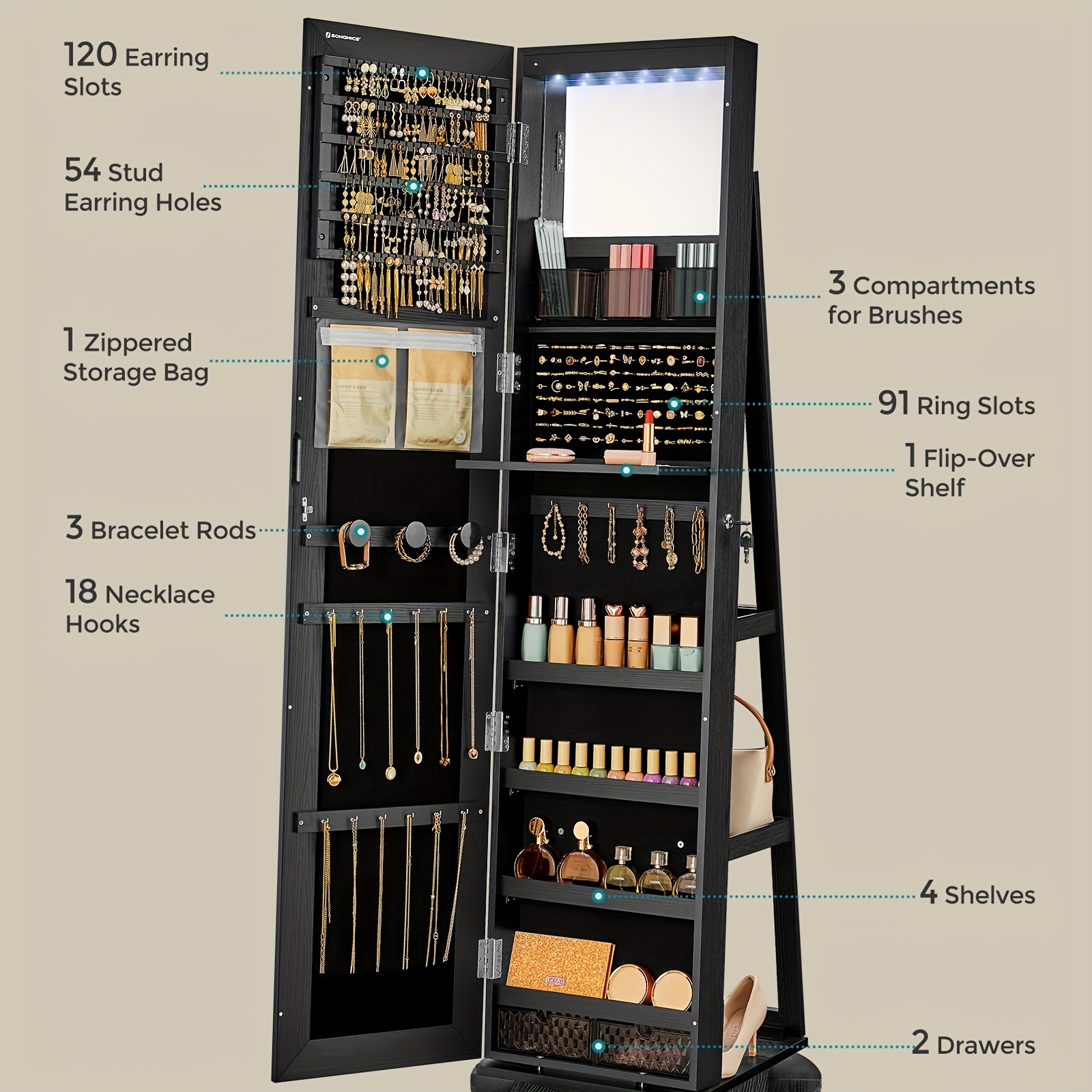 TEMU 6 Leds Lockable Mirror Jewelry Cabinet, Jewelry Organizer, Jewelry Armoires