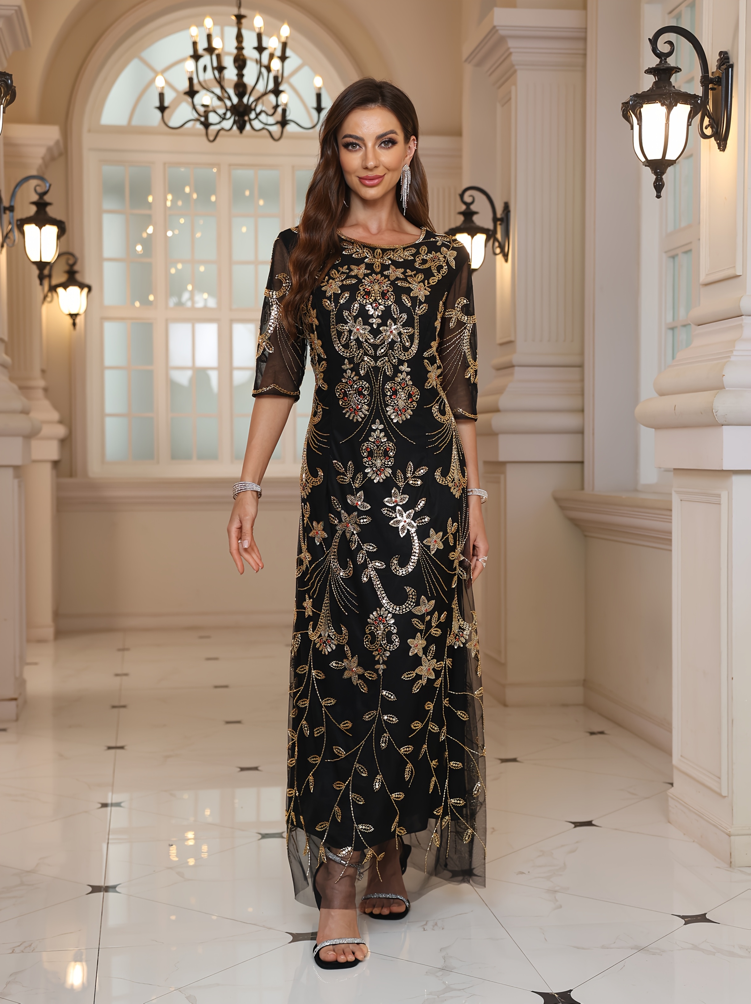Plus Size, Retro Beaded * Dress, Light Luxury Half-sleeved Long Geometric  Pattern Banquet Dress
