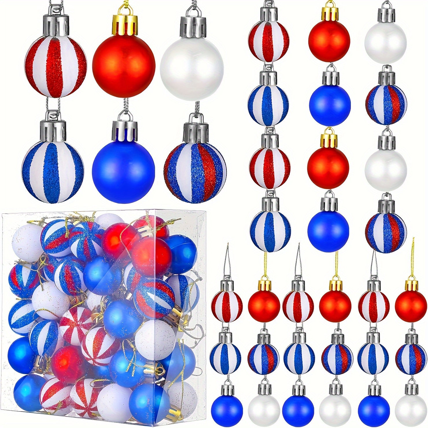 

36pcs Patriotic Christmas Tree Ornaments - 1.18" Red White And Blue Plastic Hanging Balls, No Electricity Needed, Universal Holiday Decor For Party