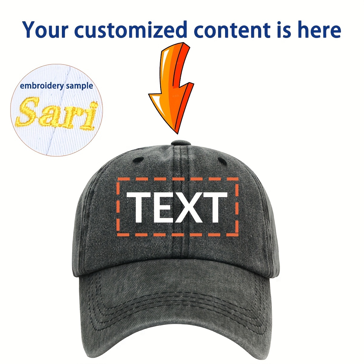 Embroidered Text Logo, Personalized Custom Content, Self- Text, Unisex, Baseball Cap