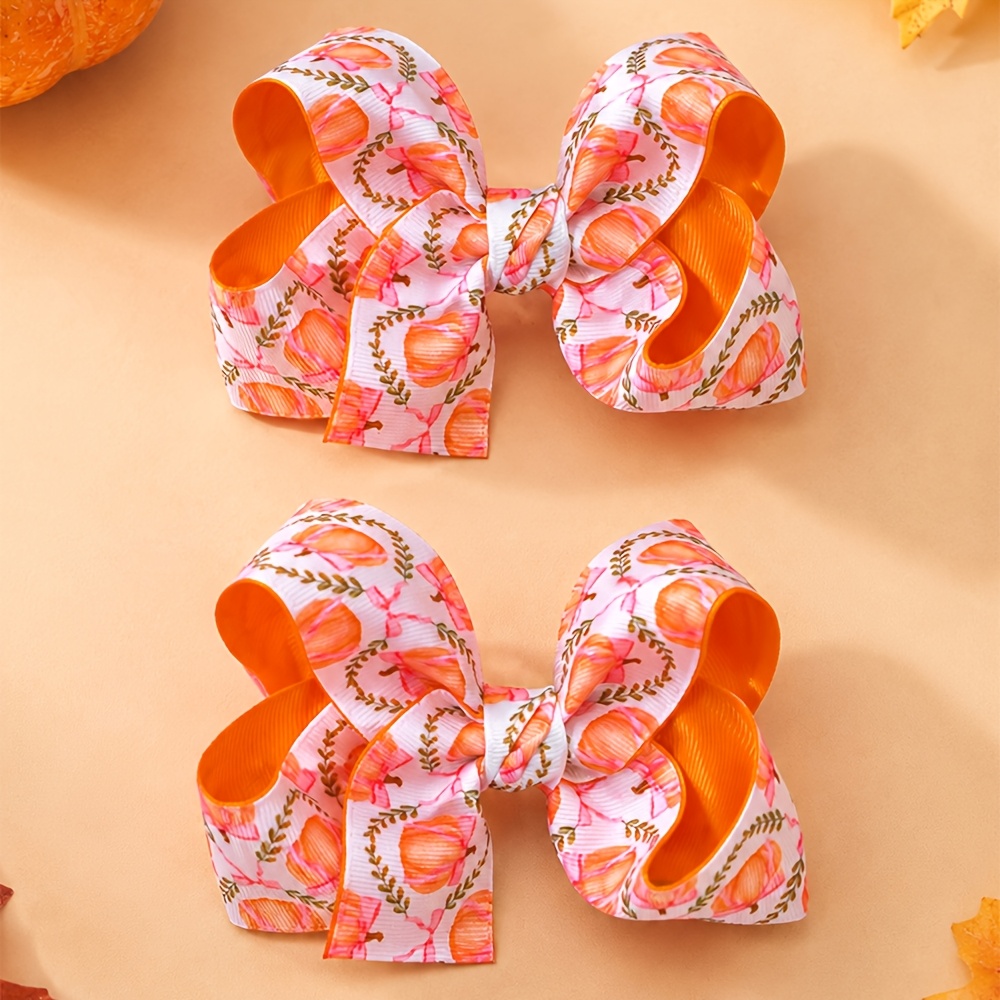 TEMU 2pcs Halloween Hair Bow Clips, Fall Pumpkin Print Ribbon Bow Barrettes, For Women Hair Styling Decoration, Thanksgiving Holiday Dress-up, For