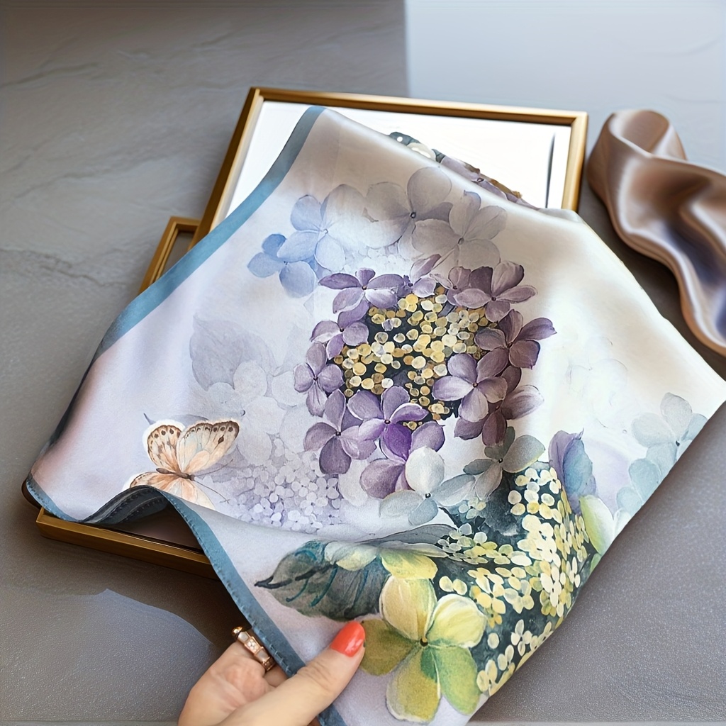 TEMU Women's 100% Silk Square Scarf - And Floral Print, Lightweight Breathable Design, Soft Multifunctional Travel Accessory, Suitable For Casual And