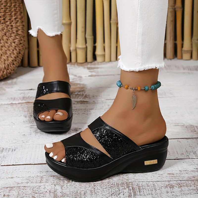 Wedge Sandals Womens Sparkly Sliders Fashion Glitter Sandals For