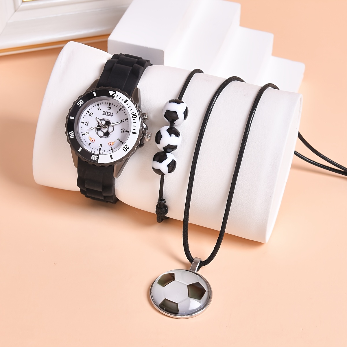 Image of 3pcs Led Glowing Watch Set For Boys, Featuring A Silicone Strap And A Football Sports Watch, Along With An Adjustable Woven Bracelet And Pendant Necklace