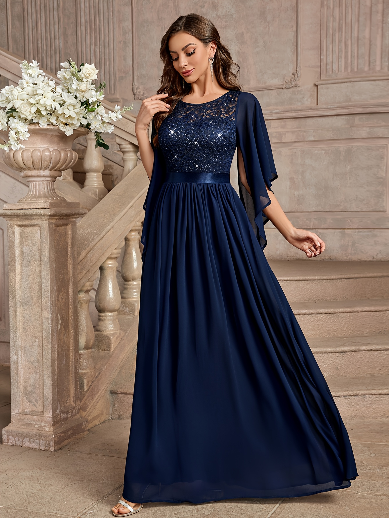 Beige Lace And Navy Blue Dresses Women's Elegant Maxi Dress Formal