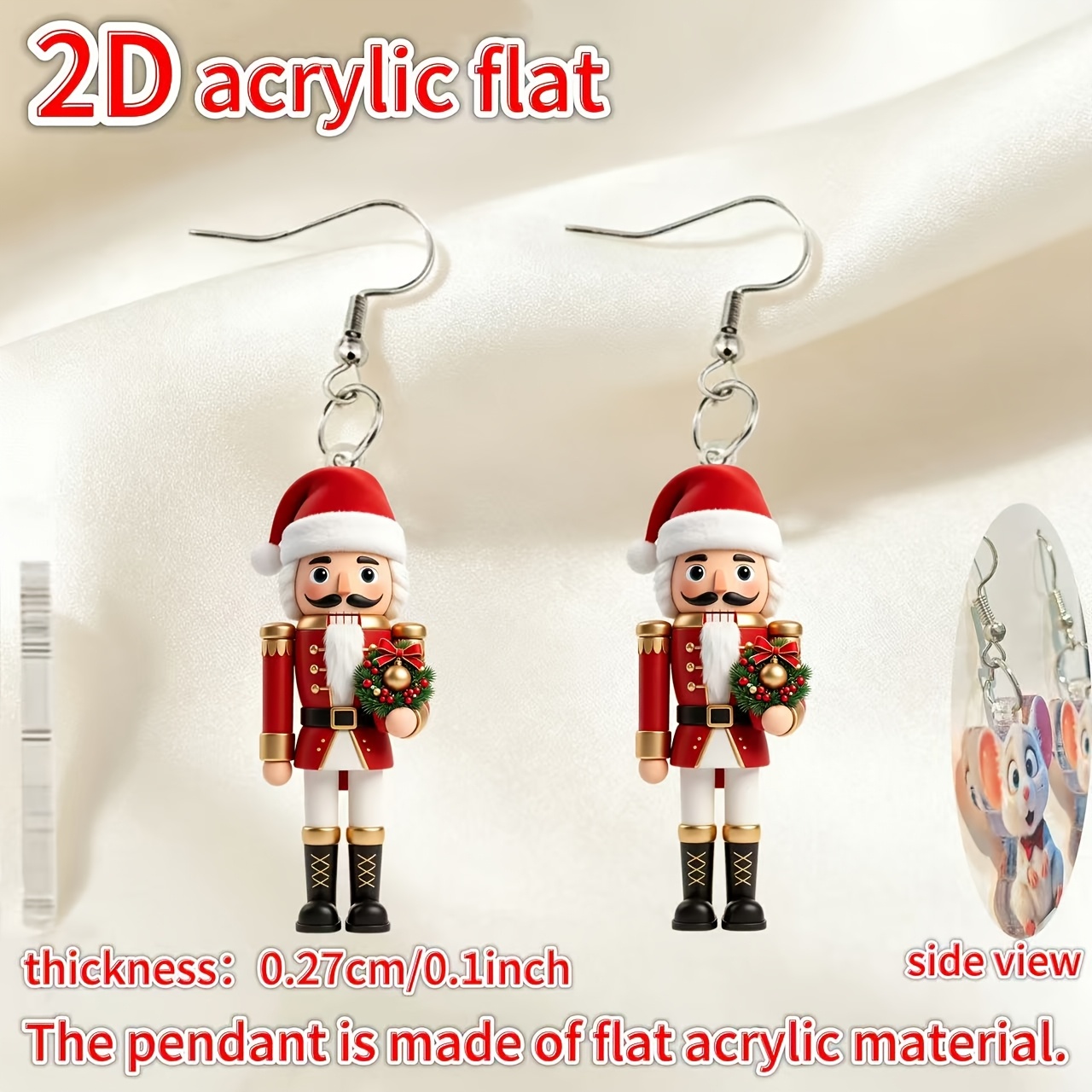 2D Flat Nutcracker Design Earrings, Cute Christmas Jewelry
