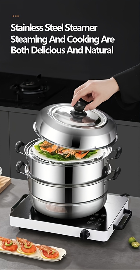 versatile 3 tier stainless steel steamer set with lid   bread   compatible with induction gas stoves   cookware electric stove soup pot cooking essentials details 0