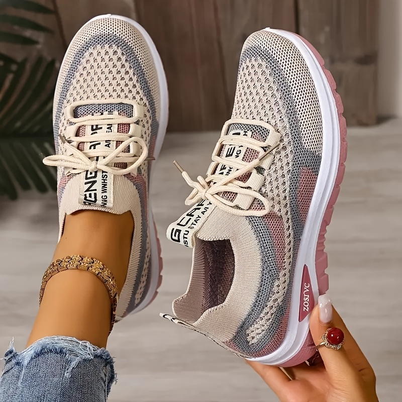 Zapatillas deportivas casuales de malla transpirable geométrica de talla grande para mujer - Ligero, con cordones, suela de espuma de PVC, para correr, viajar y uso casual, parte superior y forro de tela duradera, comodidad para todas las estaciones, esenciales para el gimnasio, ropa deportiva elegante, soporte acolchado.