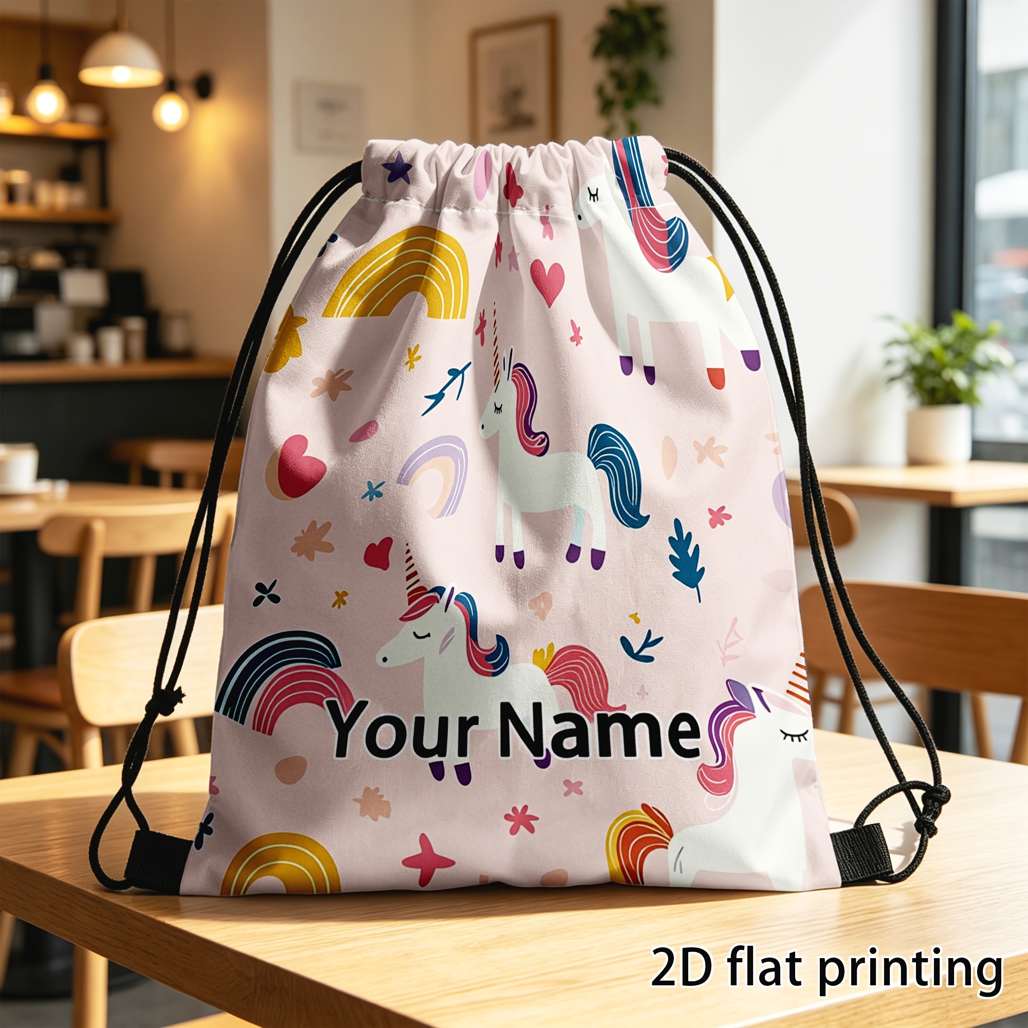 TEMU 1pc, Custom, Drawstring Bag, Unicorn Heart Drawstring Bag Adorable Pastel Colored Unicorn With , Surrounded By Hearts, S, And Flowers On A Soft
