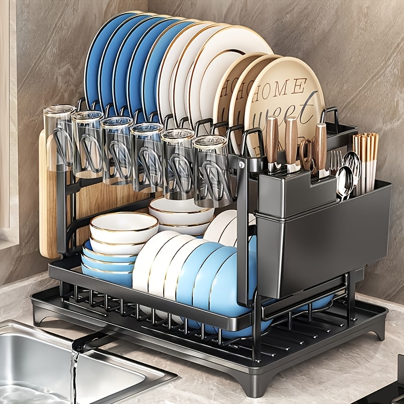 TEMU Large-capacity Double-layer Kitchen Storage Rack - Metal Dishes With Drainage Function And Tableware Stand, Suitable For Bowls, Cups, Cutting