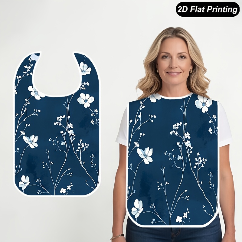 TEMU 1 pièce Bavoir pour adulte pour femmes, hommes et personnes âgées, tablier de repas élégant bleu à imprimé floral plat 2D, bavoir d'alimentation