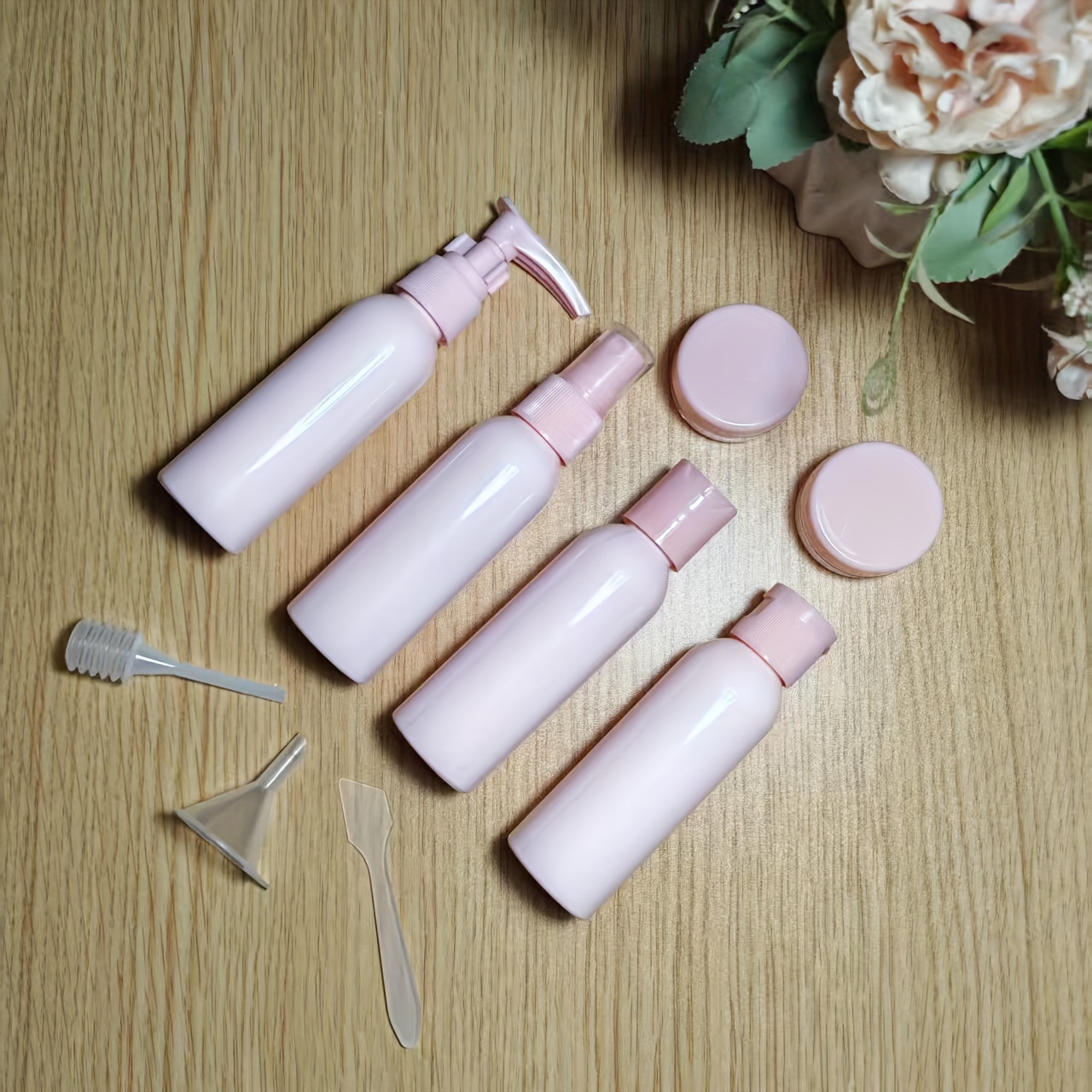 TEMU 9pcs Set, Pink Travel Dispenser And Cream Jar With Dropper Funnel And Scraper, With Zipper Pouch
