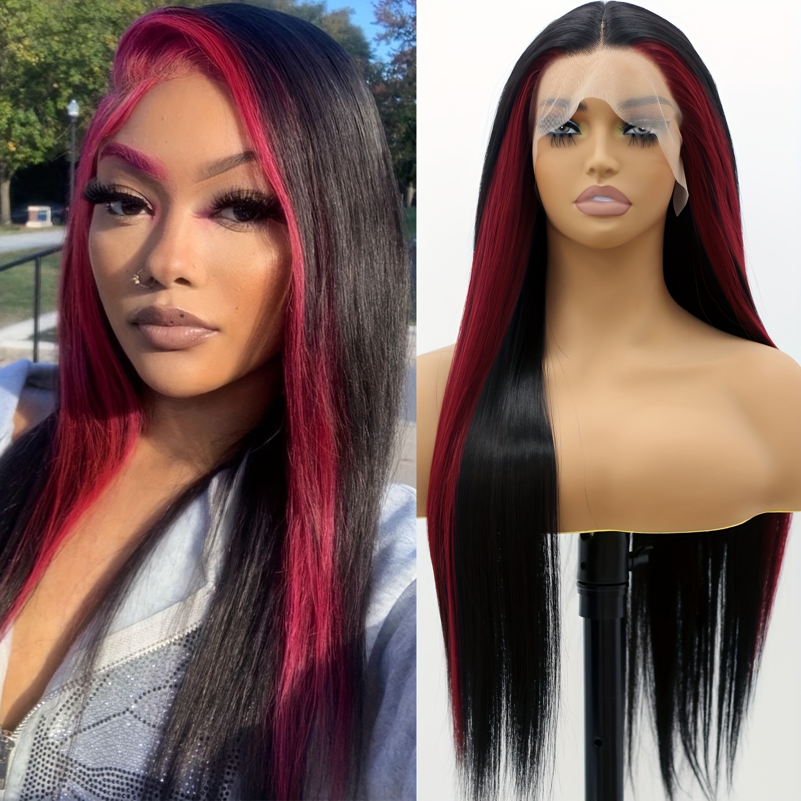 

Elegant Long Black With Red Lace Front Wig, 24 Inch, Natural Burgundy Mixed Skunk , Synthetic Heat Resistant Fiber, 180% Density, 13*4 Lace Area, For Women Daily Party Cosplay Use