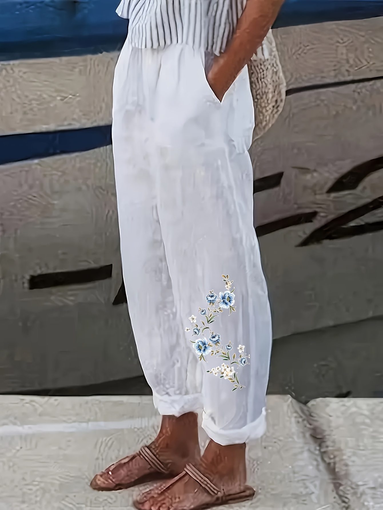 item picture womens vacation wear   hibiscus print beach pants street style