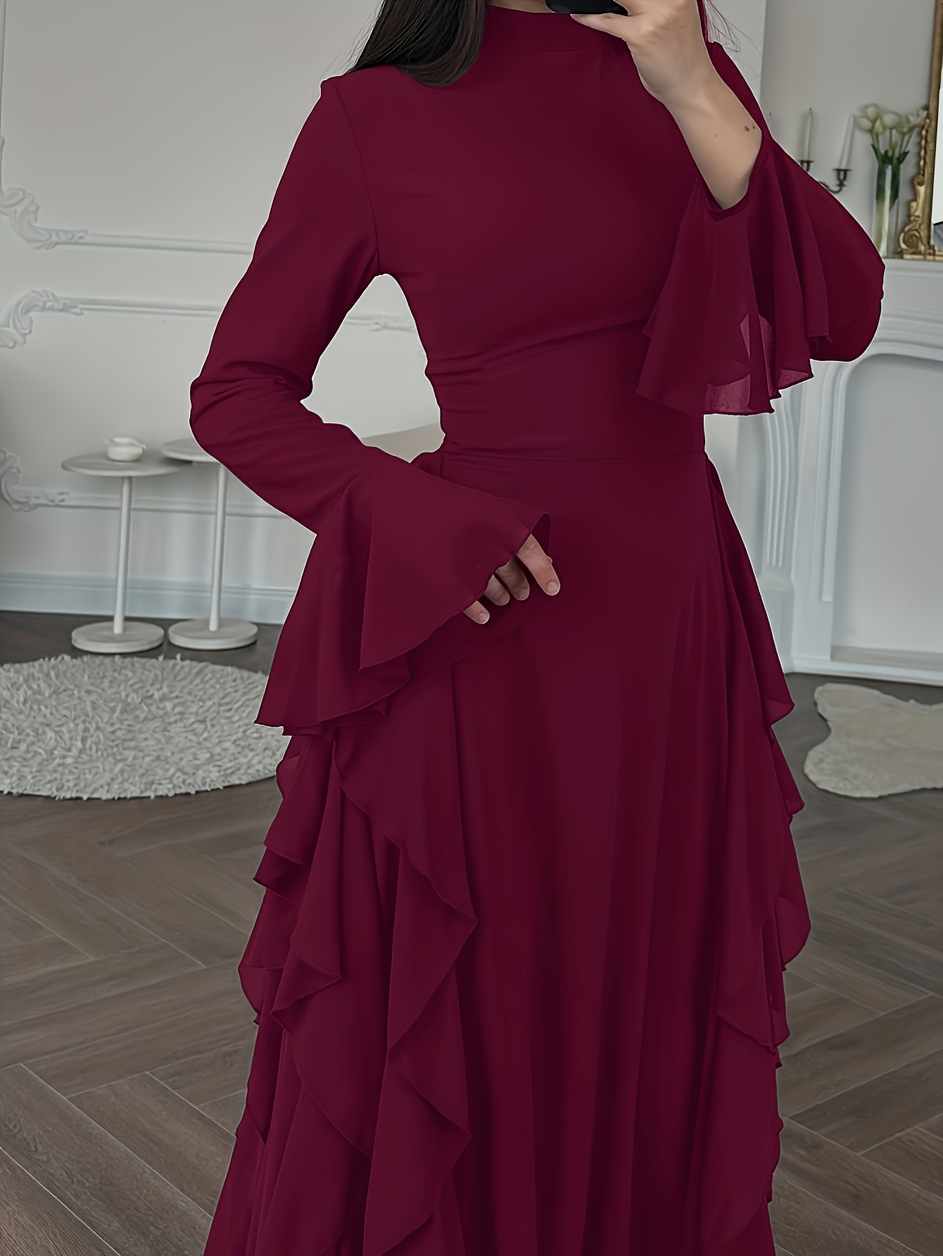 layered ruffle sleeve dress Women's Elegant – Crew Neck, Tiered Flowy Silhouette, Perfect For Casual, Party, Or Wedding Guest sku-34095SR-OLIVE
