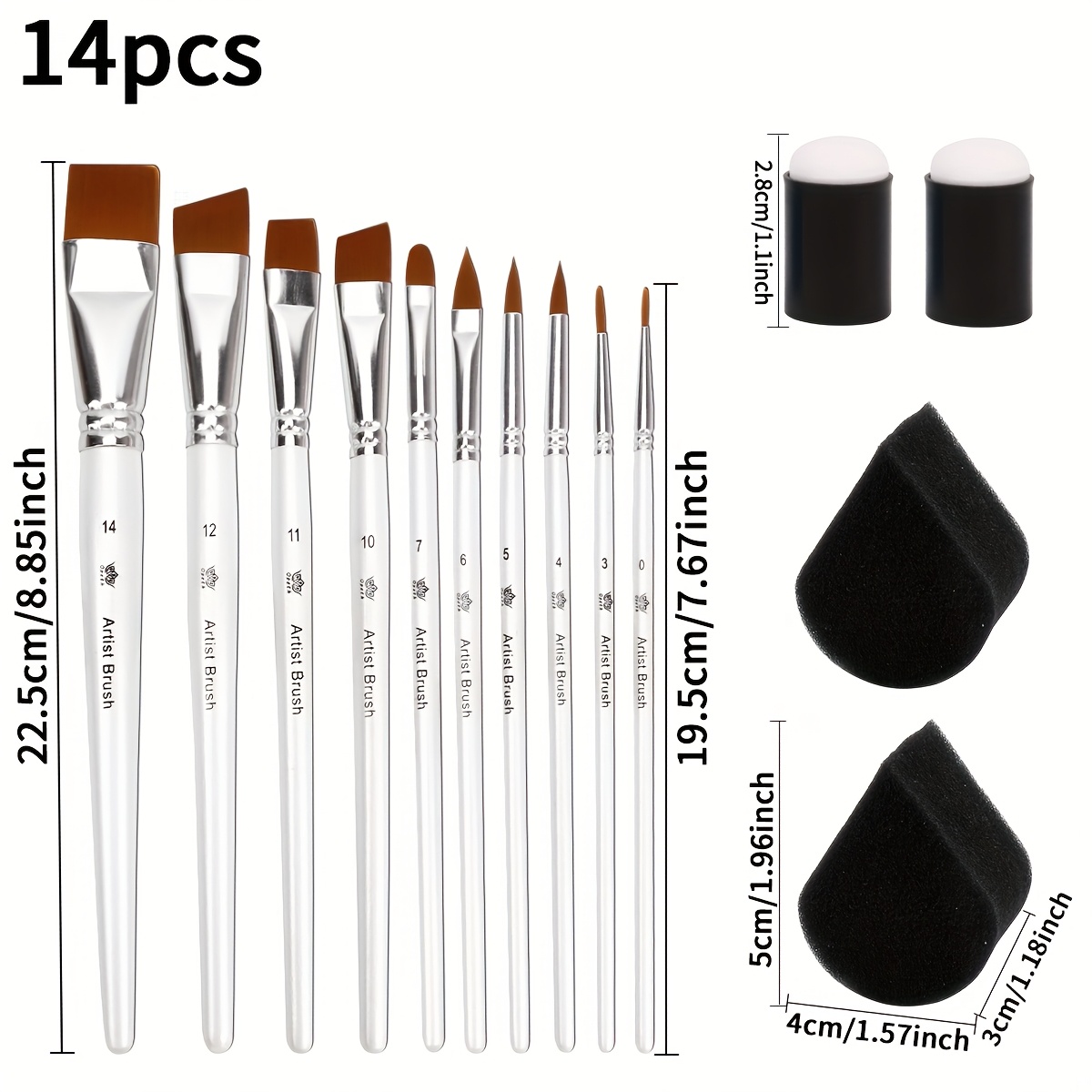 E-shop 14-teiliges Gesichtsbemalungs-Pinsel- & Schwamm-Set mit flachen/schrägen Make-up-Pinseln & Puderquaste - Holzgriff für Hobbyisten - Vielseitig