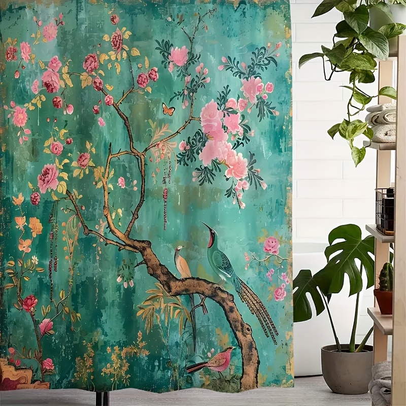 TEMU 1pc Retro Theme Style Shower Curtain, With Flowers, Branches And Birds Perched On , With Romantic Charm, Washable, Material, With Hooks, Very