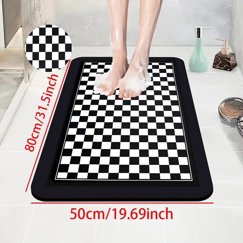 1pc diatomite bath mat with black and white checkered print pattern quick dry non slip absorbent floor mat soft comfortable for bathroom shower laundry room bedroom doorway rv kitchen rug bathroom rugs non slip bathtub mat bath matts for bathroom small bath mat rug bathroom doorway rug shower mat geometric pattern stylish floor rug material durable rubber backing nonslip rug floor rug household rugs mats Product details 6