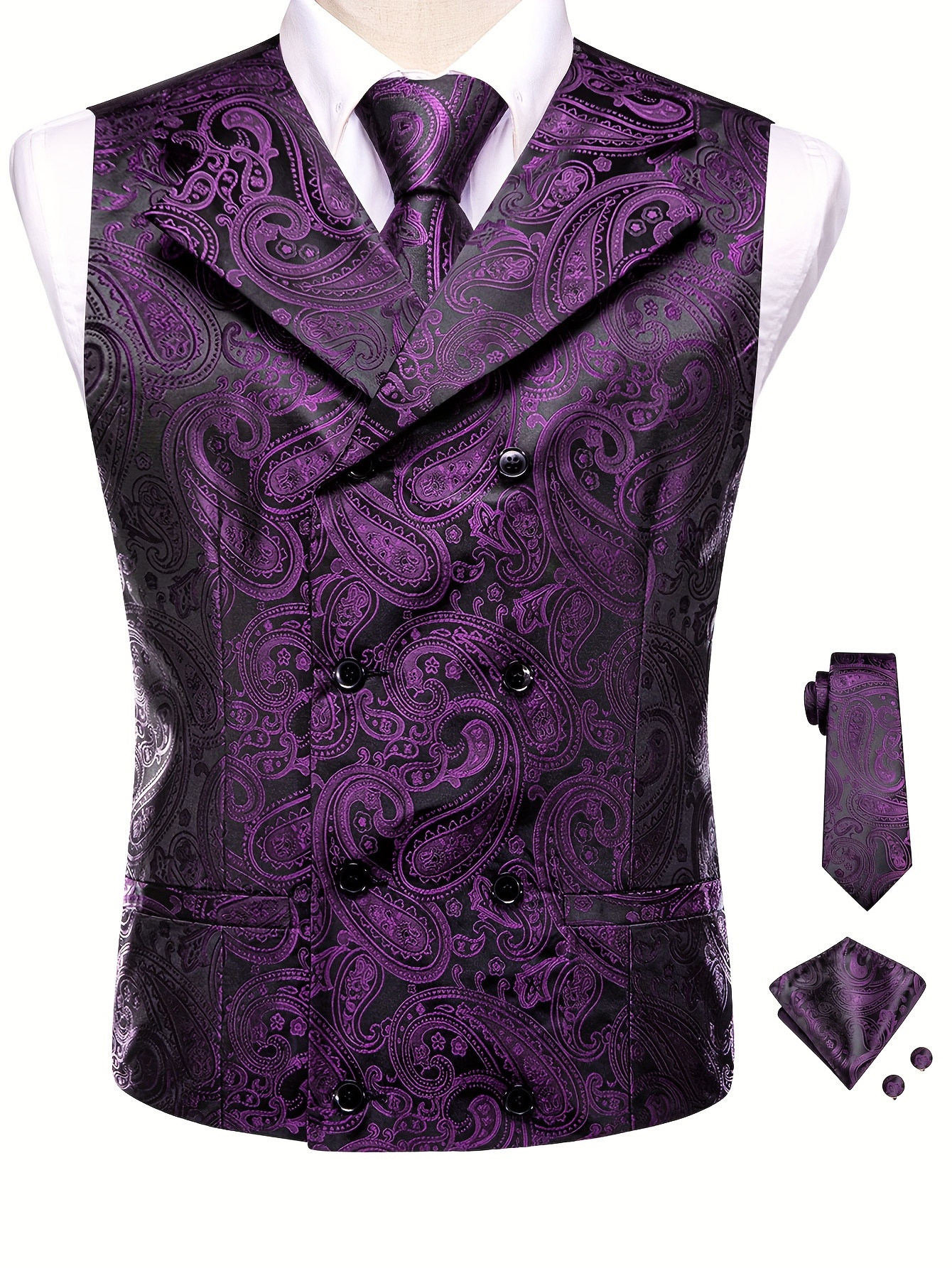 mens fashion wedding party suit with turned collar vest tie handkerchief cufflinks