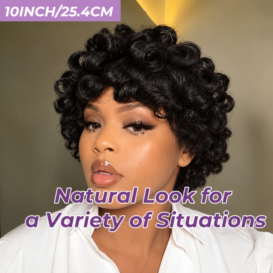 TEMU Elegant Short Cut Wig Egg Bob Loose Wave Human Hair Wigs Bouncy Curly 200% Density Brazilian Hair Springy Curls Natural Black For Women