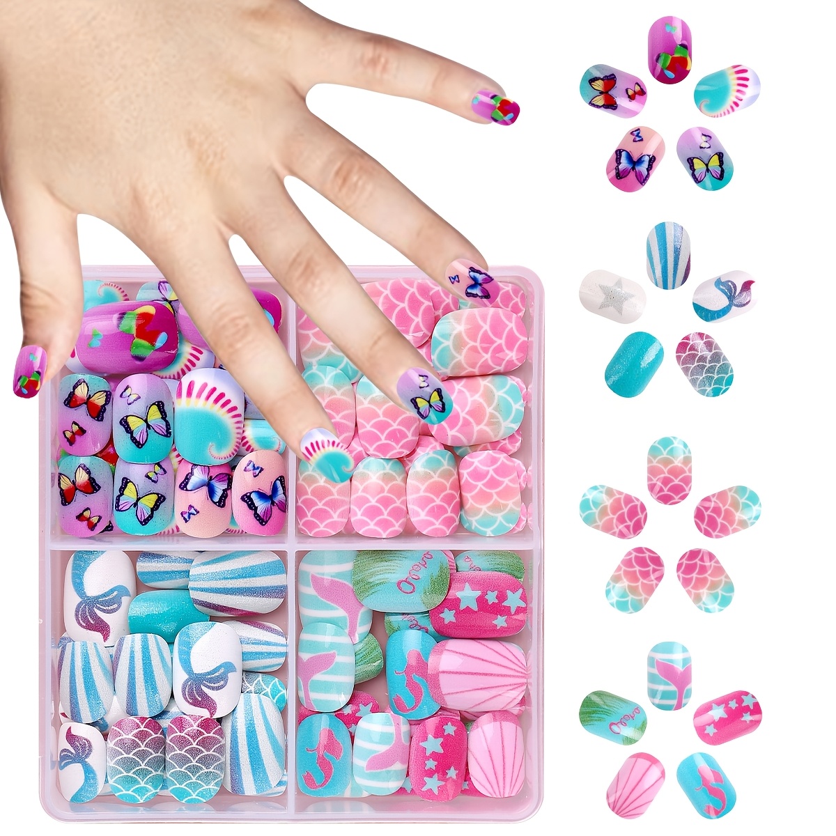 TEMU 96 faux ongles en acrylique de type à pression à couverture complète, en boîte, de courte carrée ronde, avec colorés et mignons de dessin animé