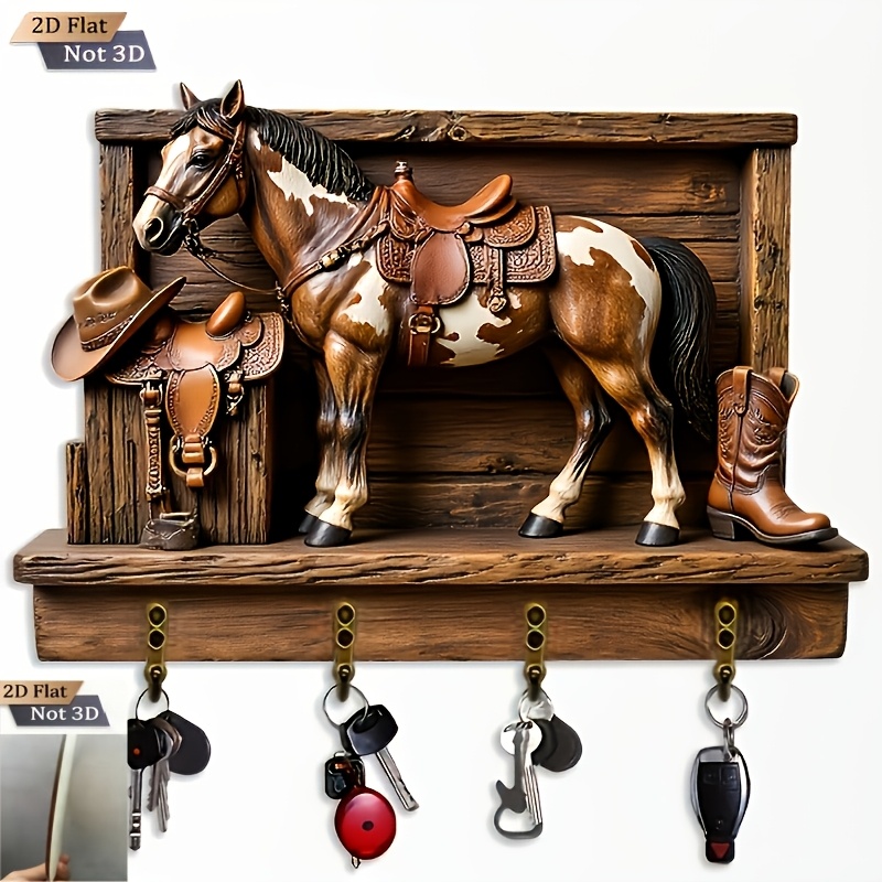 E-shop 2D Flaches Design, . Western Cowboy Pferdeformiger Schlüsselhänger - Multifunktionales dekoratives Schlüsselbrett aus Holz mit 4 Metallhaken,