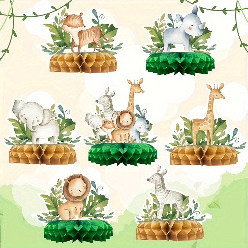 

7pcs, Jungle Animals Paper Honeycomb, Safari Honeycomb Centerpiece Table Decor, Green Forest Wild 1 1st Birthday Supplies, Happy Birthday Party Decorations