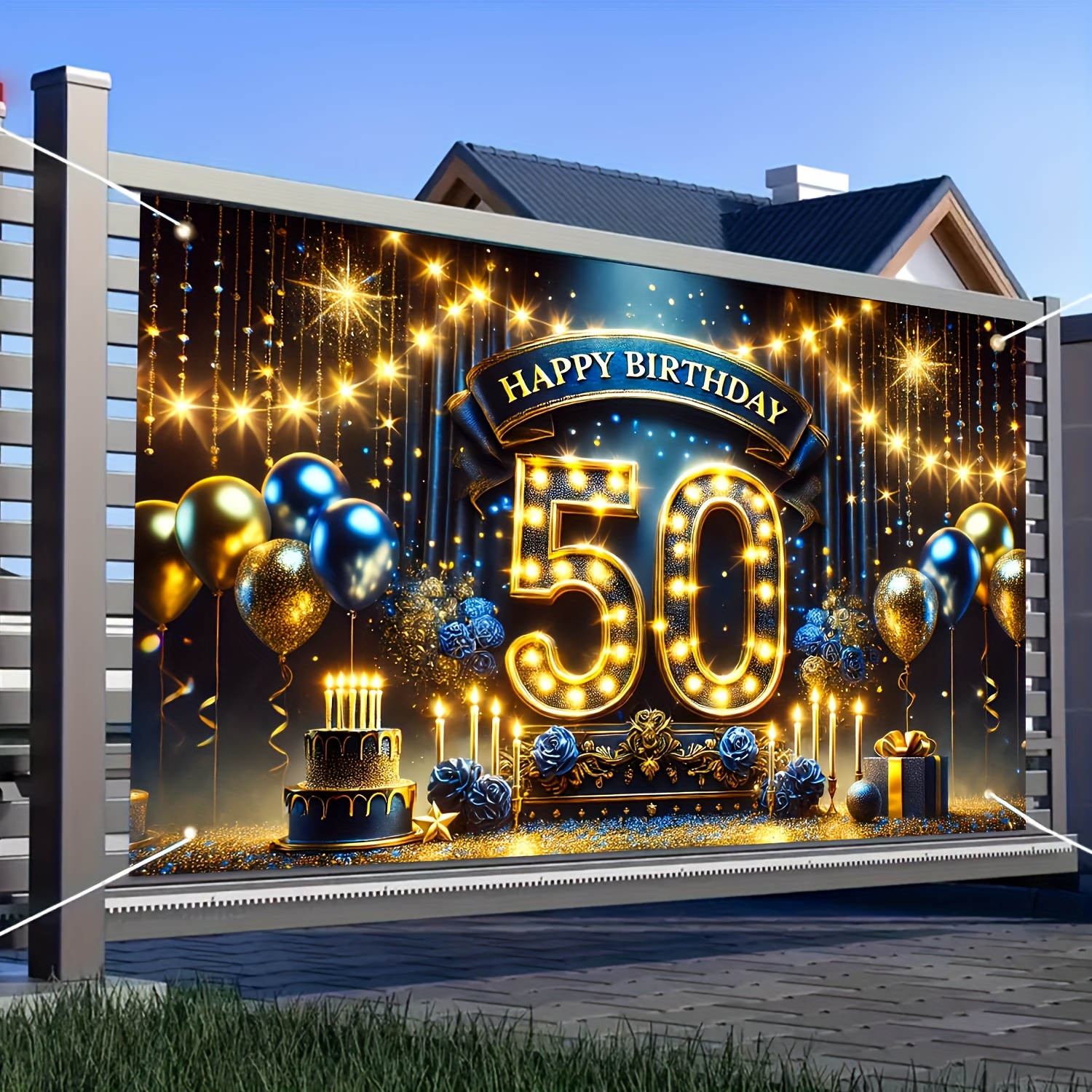 

Elegant 50th Birthday Celebration Banner - 70"x43" Golden & Black, Polyester Photo Backdrop With Balloons, Stars, Cake Design - , Party Decor, No Power Needed, 179.83 X 109.73cm, Photo Backdrop