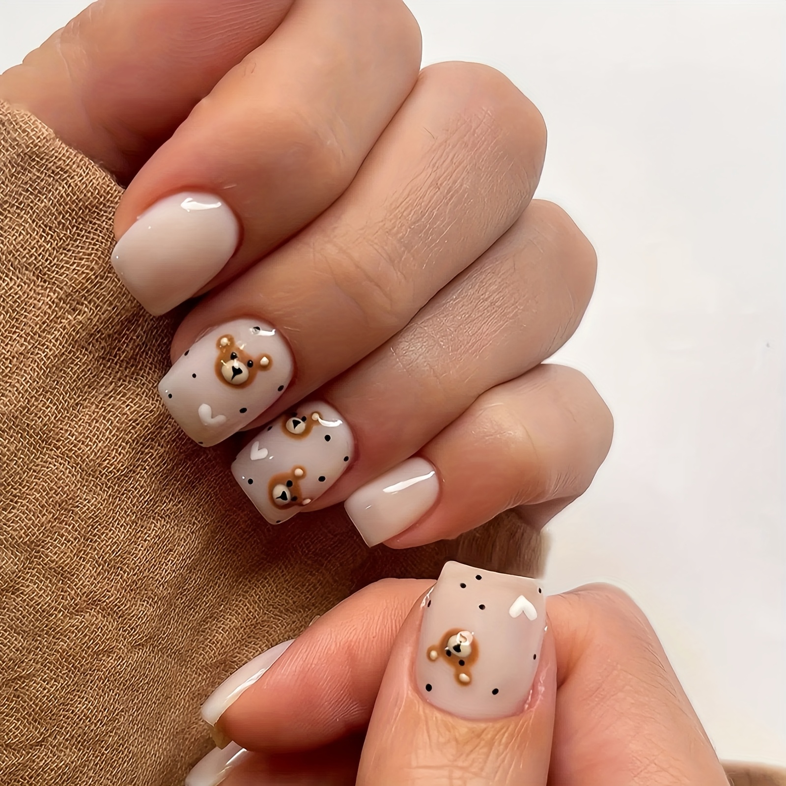 Image of 24pcs. Cute Cartoon Short Square Press-on Nail Stickers, Suitable For Women And To Wear In Daily . Includes Nail File And Jelly Glue, Easy To And Reusable