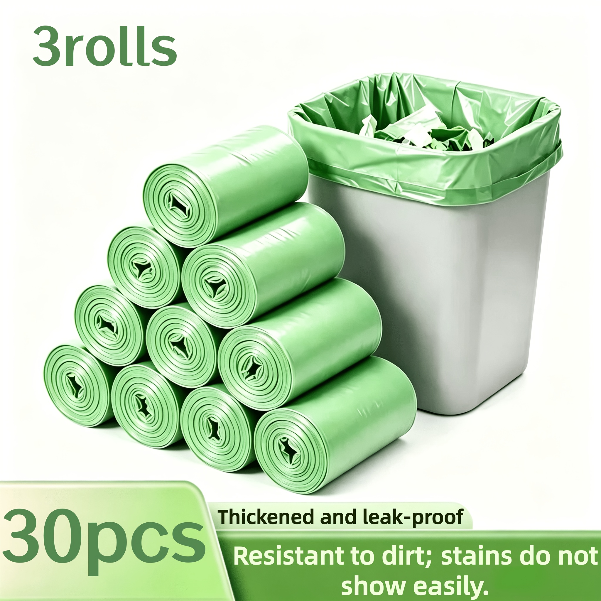 TEMU 3 Rolls Of 30pcs Green Leak-proof Garbage Bags, Suitable For Home, Kitchen, Office, And Outdoor Cleaning! Suitable For Home, School, And Outdoor