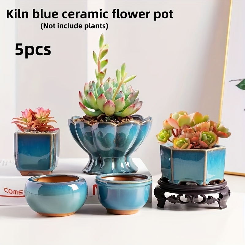 

5-piece Set Handcrafted Blue Ceramic Succulent Planters - Artistic Green Plant Pots For Home Decor