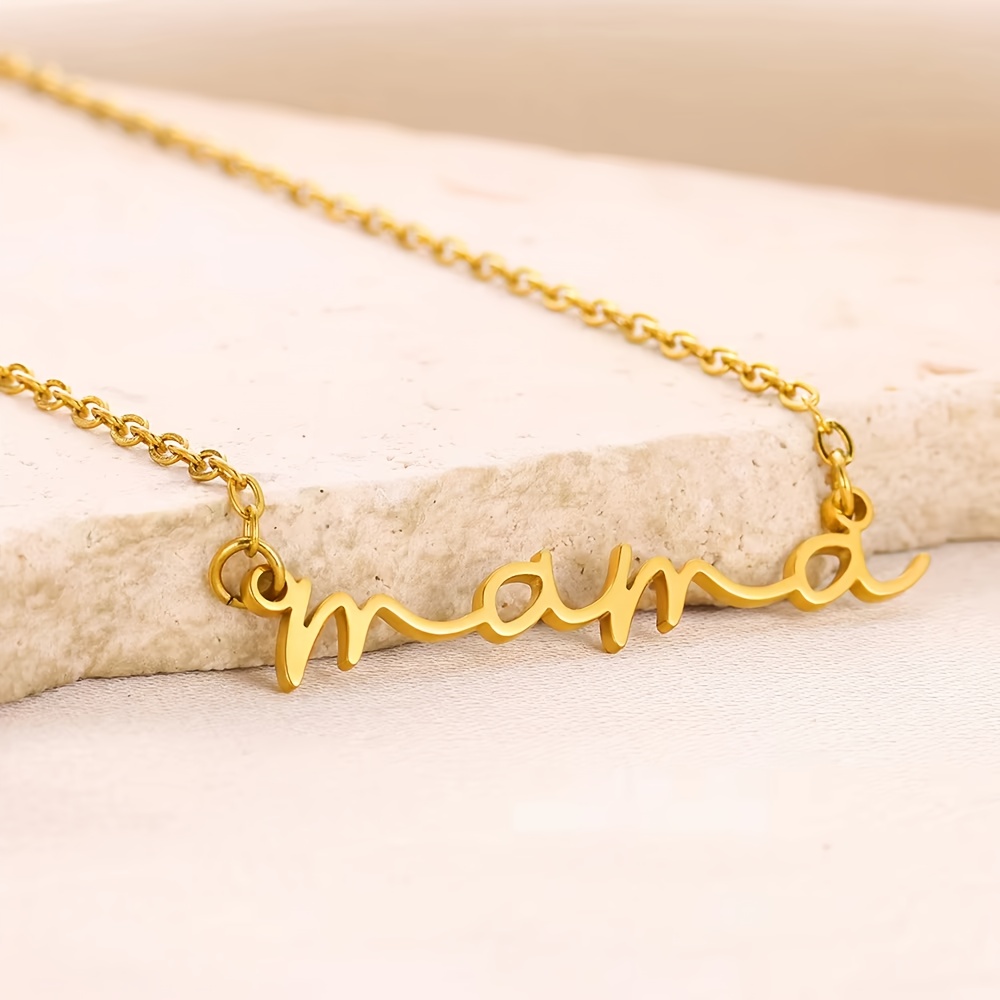 TEMU Collier pendentif et petit avec lettre "Mama", collier plaque nominative pour femme, cadeau de bijou tendance en acier inoxydable pour la fête
