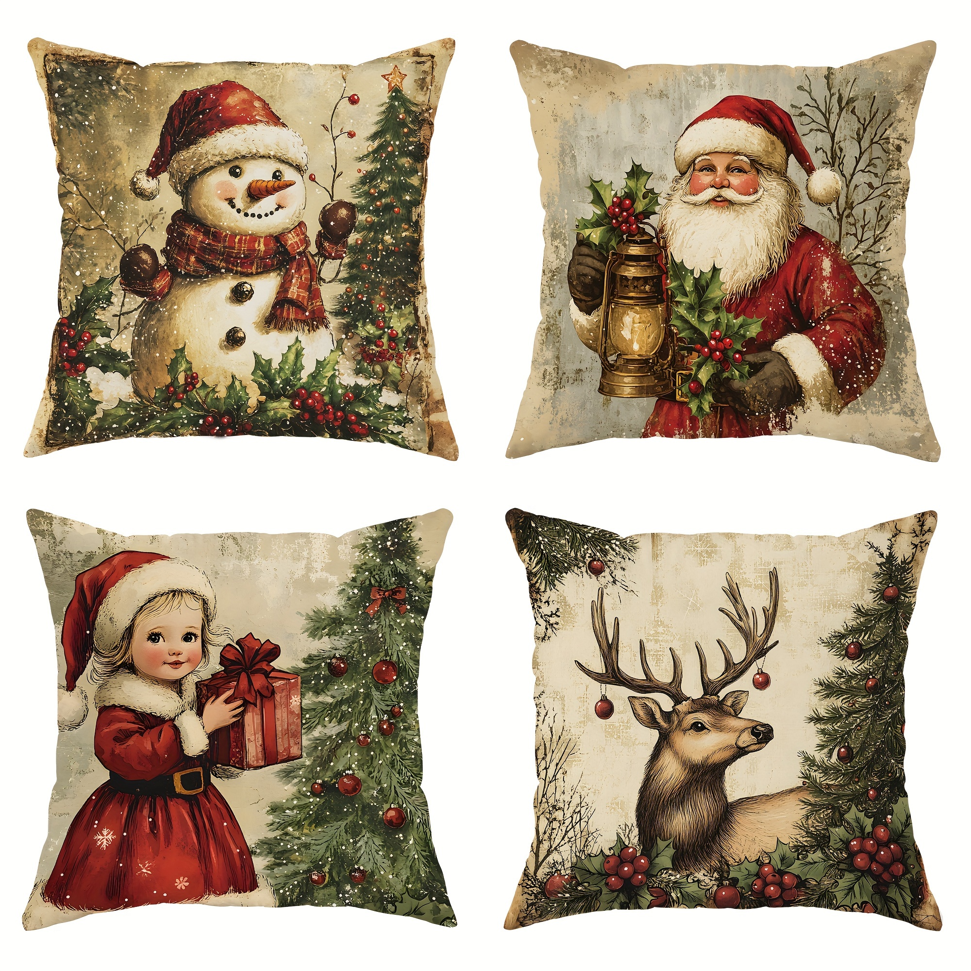 

4pcs Christmas Snowman Red Decorative Pillowcases 1 18in*18in For In Sofa Bed Decoration Inserts