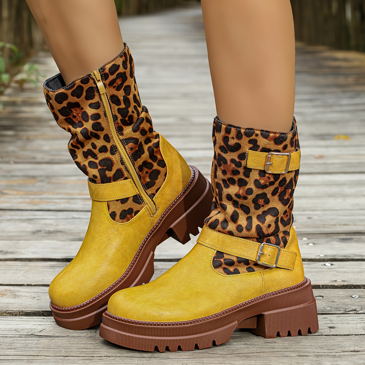 TEMU Women's Vintage Yellow Leopard Print Slouchy Mid-calf Boots With Double Buckles And Platform Sole For Height Increase, Boots. Pairs Well With