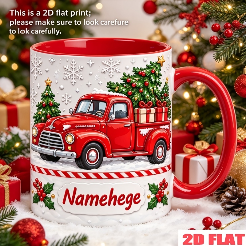 TEMU Custom 2d Printed Christmas Pickup Truck Themed Mug, Ceramic Coffee Cup, 11oz, Personalized With Customizable Name/text, Featuring Red Pickup