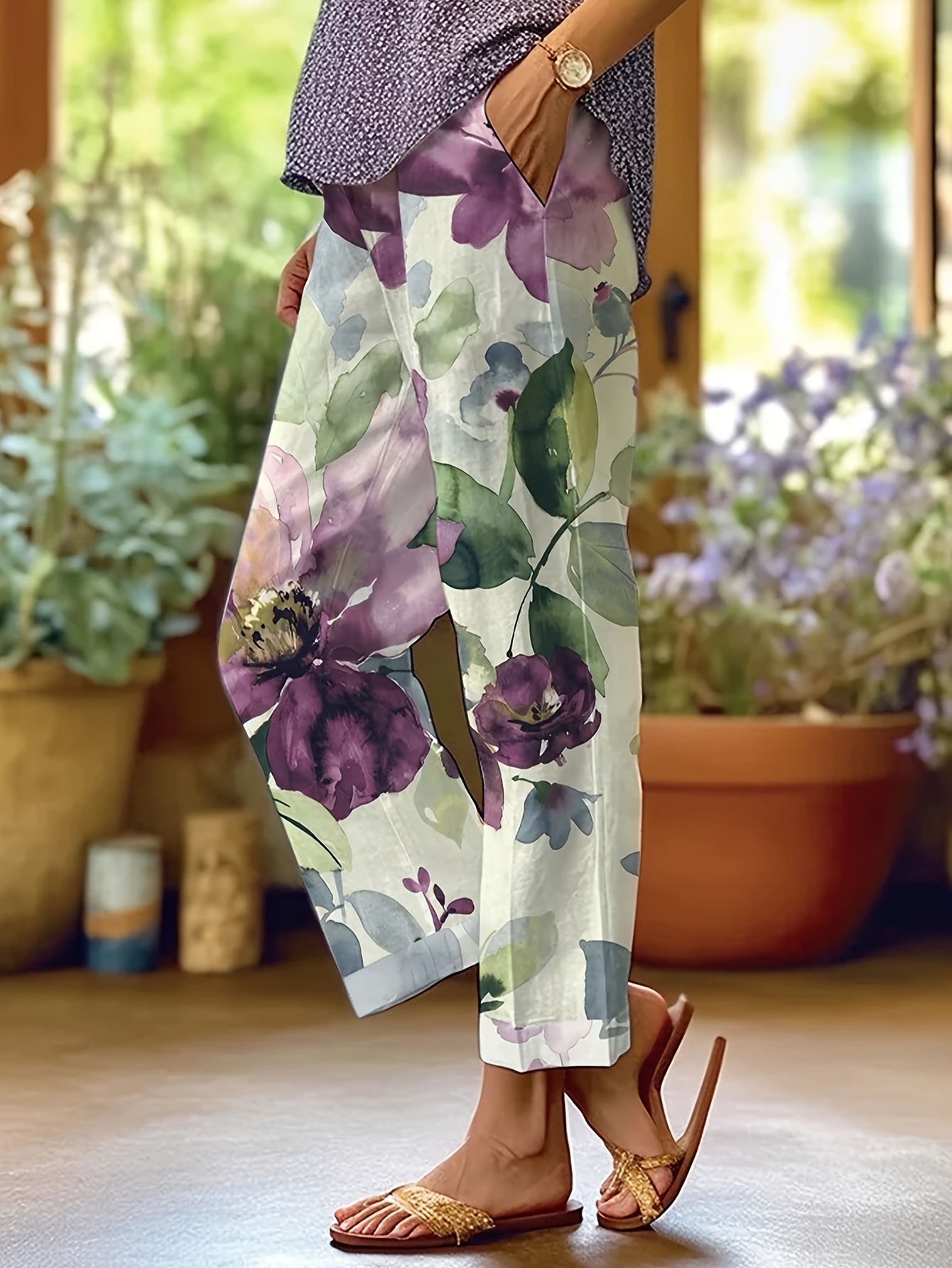 womens elegant streetwear straight leg pants with geometric floral print 2024   machine washable     for casual to semi formal outfits casual to formal wear durable fabric
