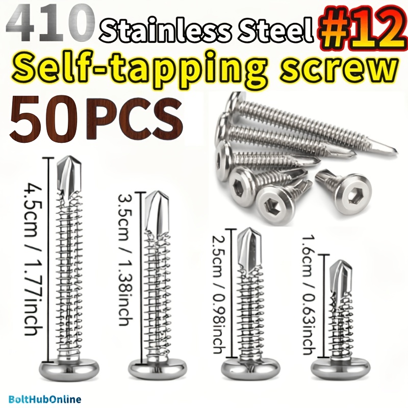 Image of 50pcs Hexagon Drill Screws, Size: M5.5*16/25/35/45mm, High- Self-tapping, Fasteners For Metal Sheets, Suitable For Metal, Furniture And Diy Projects, Stainless Steel Fasteners