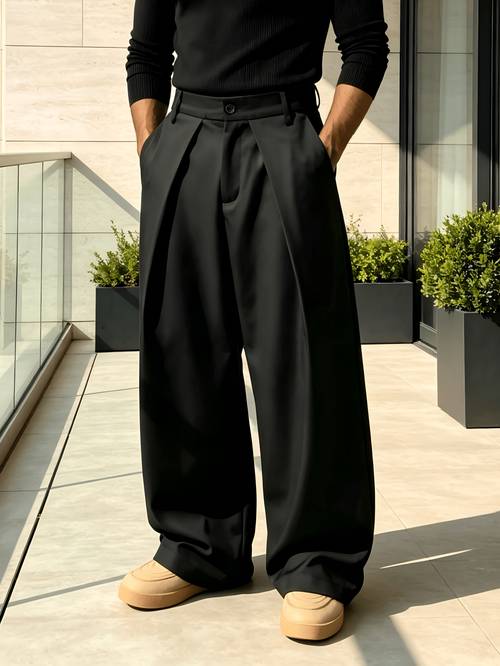 Artikelbild herren-hosenanzughose mit hoher taille weitem bein – knitterarme, matte anzughose mit halb-elastischem rücken-taillenbund, plissierte, bodenlange hose in lockerer passform, für pendeln, , büro & formelle anlässe, maschinenwaschbar
