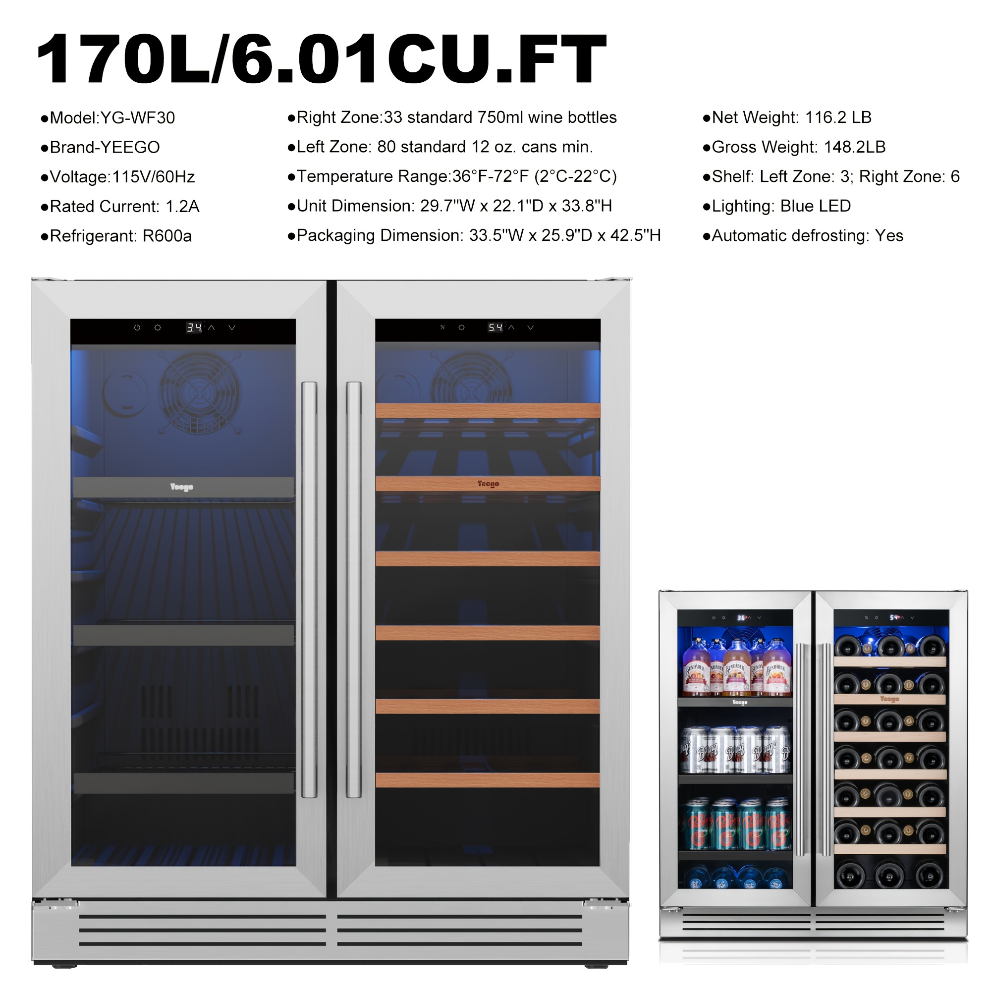 wine and beverage refrigerator 30 inch   wine beverage cooler 33 bottles 80 cans freestanding built in glass door with   blue led display 36 72 f double door wine refrigerator ideal for bar   Product details 8