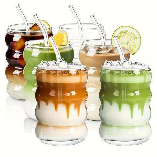 fashionable cute caterpillar shaped glass cup high borosilicate glass coffee cup matcha cup ripple shaped vintage drinking cup cold and hot drinks straight drinking cup milk tea cup milk cup latte cup with straw and straw brush