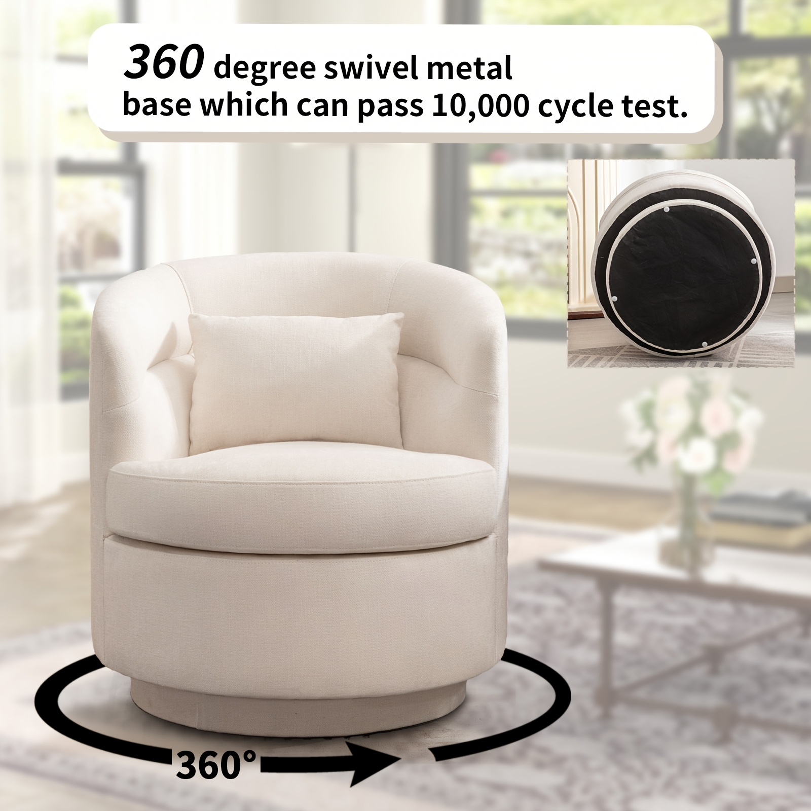 Beige Upholstered Swivel Chair with a Pillow, Perfect for Accenting Your Living Room, Bedroom, Or Reading Area