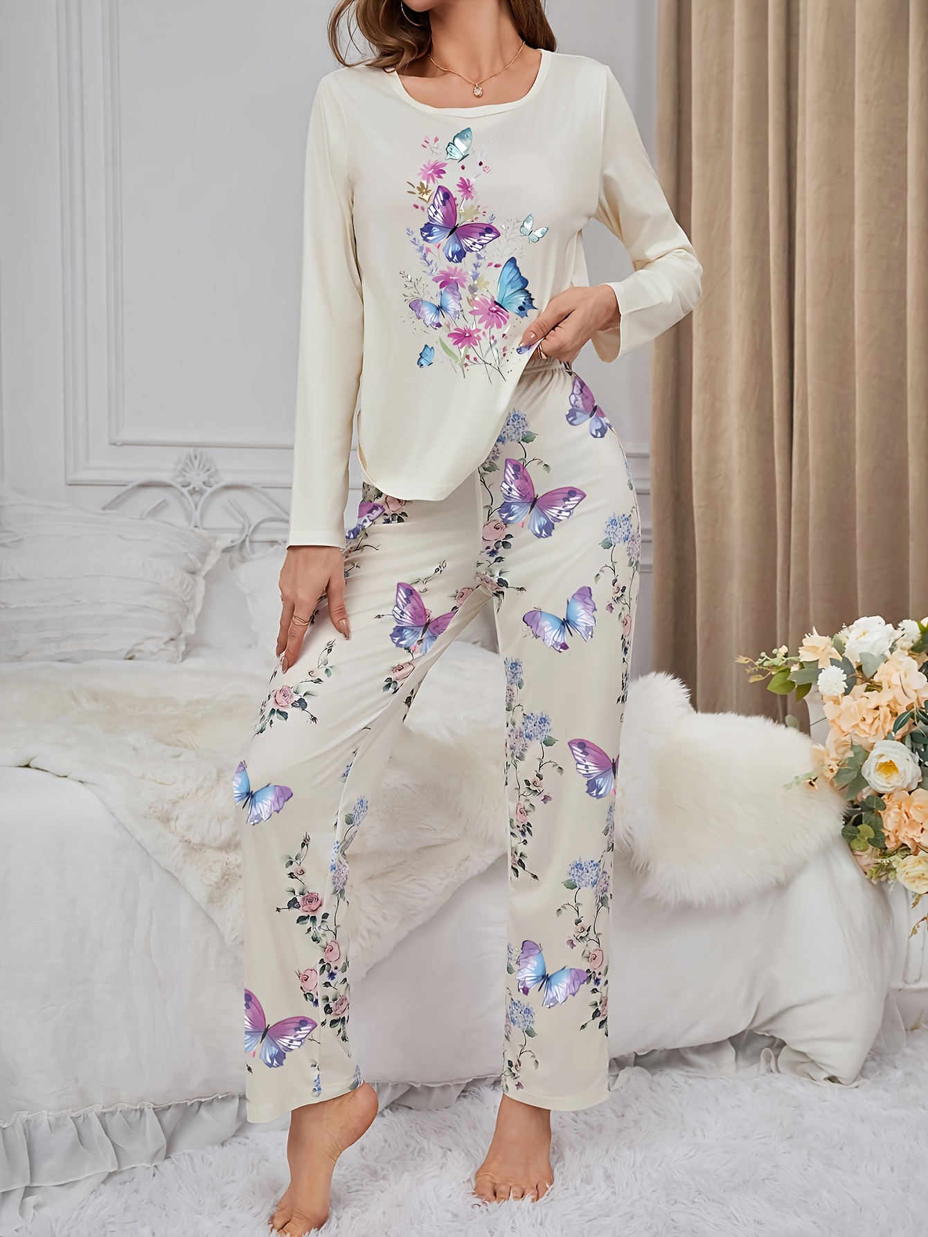ensemble pyjama femme imprimé papillon floral blanc haut à Temu