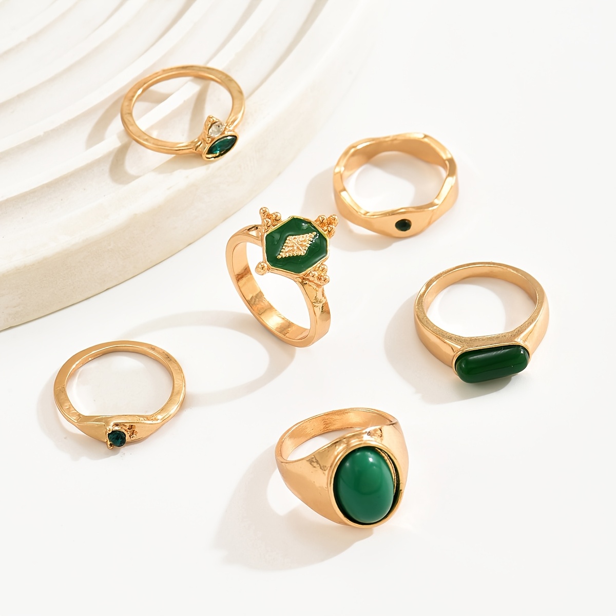 TEMU 6pcs Set Women's Fashion Stacking Rings, Vintage Minimalist Green Ring Set, Stackable, Suitable For Women' And Casual Wear, Holiday Gift
