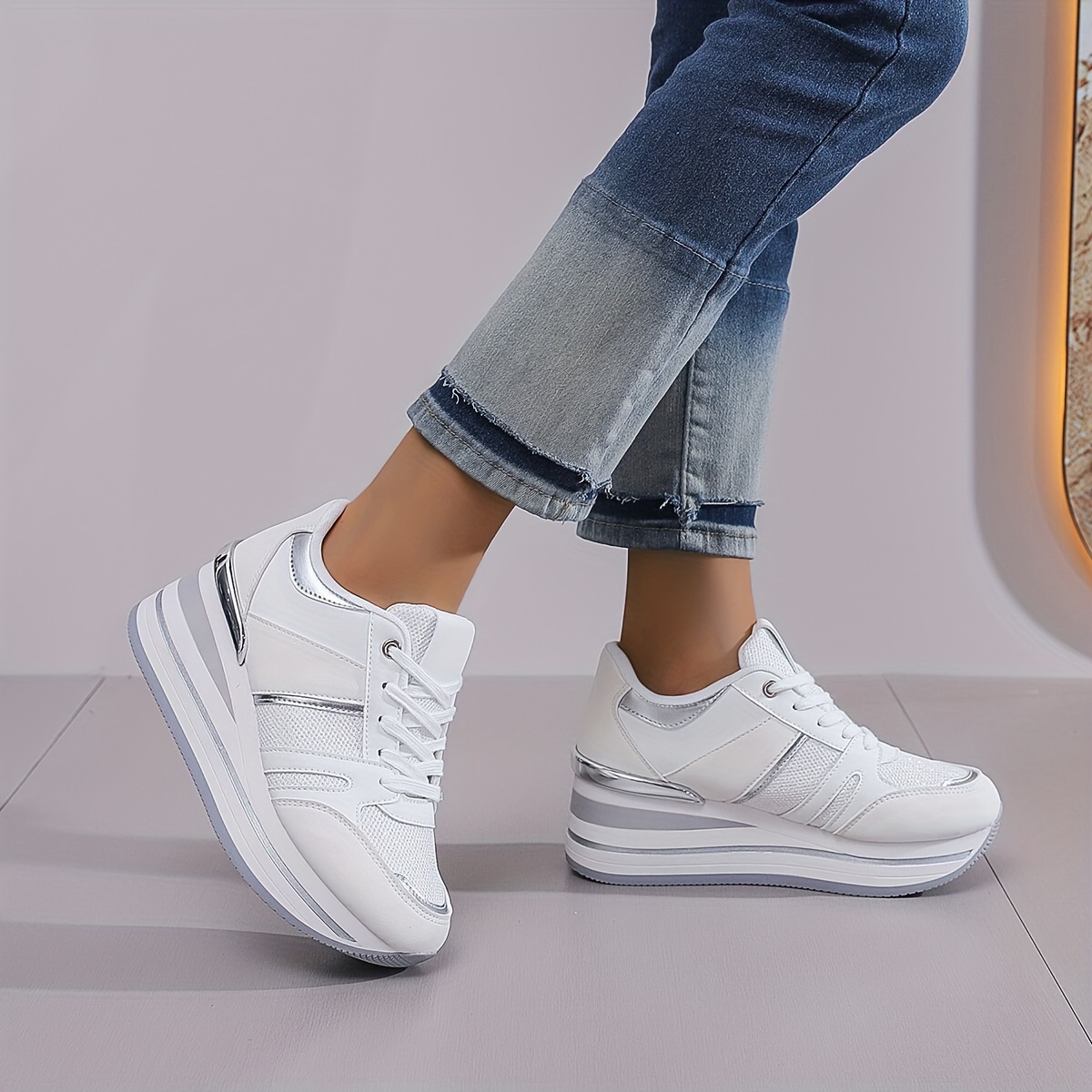 

Women's Lightweight Wedge Sneakers - White Synthetic Leather Running Shoes With Hidden Height Increase, Comfortable Wear, Casual , Shoes | Modern Sneakers | Footwear