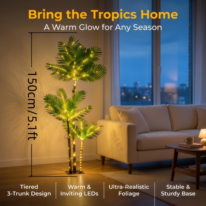 TEMU 5.1ft/6.1ft 3-trunk Lighted Artificial Palm Tree, Led Warm Light Floor Coconut Tree With Realistic Pe Leaves , Usb Powered Ip44 Waterproof Diy